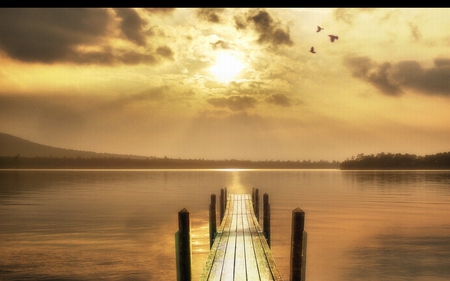 sunlight at the pier - lake, bright, water, beauty, nature, sun