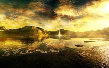 golden sky - water, beauty, sun, lake, sky, bright, clouds, golden, nature