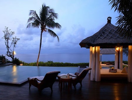 Relax - relax, romantic, lanterns, curtains, ocean, light, pool, gazebo, hut, palm tree, chaise lounges