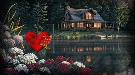 the house - flowers, house, water, heart