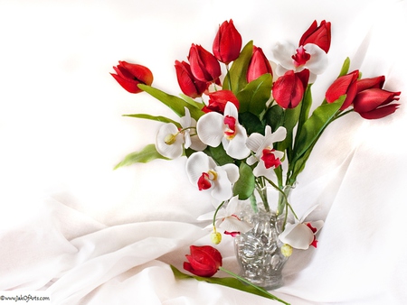 Even Plastic Tulips Dream of Spring - red, tulip, still life, vase, flower