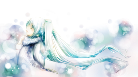 Hatsune Miku - aqua, colorful, music, anime girl, white, art, cool, aqua eyes, artistic, hatsune miku, light, song, snowflakes, scarf, vocaloids, glow, program, vocaloid, snow, beautiful, uniform, diva, beauty, nice, twintail, singer, aqua hair, black, virtual, painting, pretty, idol, anime, miku, cute, girl, winter, aurora, hatsune, abstract, shades, awesome, intense, colors