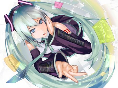 Hatsune Miku - virtual, miku, vocaloids, song, microphone, uniform, singer, cool, headphones, awesome, vocaloid, thighhighs, anime, twintail, skirt, singing, aqua hair, painting, hatsune, black, cute, beautiful, hot, girl, anime girl, white, program, artistic, pretty, snowflakes, aqua, beauty, drawing, digital art, art, diva, nice, tie, sexy, idol, headset, music, green, hatsune miku