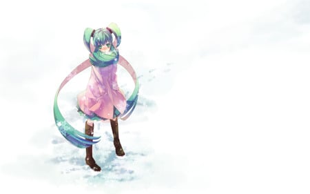 Hatsune Miku - aqua, music, thighhighs, anime girl, white, cool, aqua eyes, hatsune miku, skirt, song, snowflakes, vocaloids, program, vocaloid, beautiful, snow, blush, uniform, diva, nice, beauty, twintail, singer, aqua hair, black, virtual, pretty, idol, anime, miku, cute, girl, winter, hatsune, pinnk, tie, awesome