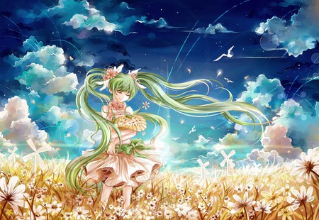 Flowers - instockee, sun, white, clouds, petals, anime, green, miku, hatsune miku, stars, night, bird, hatsune, vocaloid, flowers, green hair, sunrise