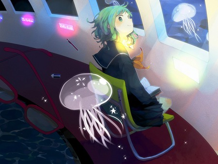 Jellyfish - chair, glasses, vocaloid, jellyfish, gumi, book