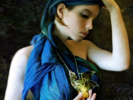 Girl with little Dragon - dragon, beauty, girl, fantasy