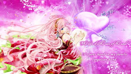 Megurine Luka - pretty, heart, female, pink, luka, nice, abstract, hot, beauty, love, flower, valentine, megurine luka, cute, sexy, vocaloid, anime, dress, long hair, happy valentine, purple, petal, red, pink hair, idol, anime girl, valentines, beautiful, singer, girl, happy valentines, sweet, diva, vocaloids