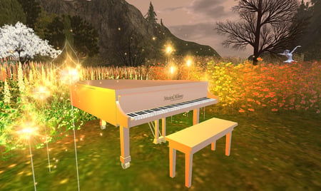 The  piano - trees, music, field, mountains, fantasy, bright, piano, abstract, fairytale, yellow, 3d, golden, lightning, ballerina, lights