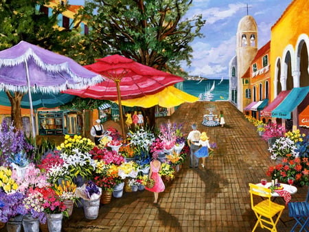 Flowers with veiw - building, flowerstand, sailboats, chairs, wine, umbrellas, fountain, table, flowers, sea