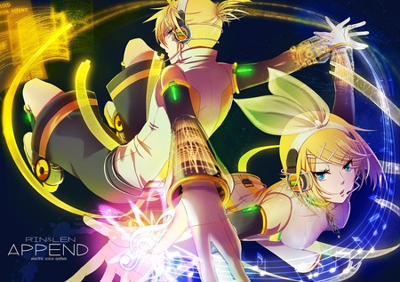 Len and Rin - vocaloid, append, len kagamine, kagamine len, blonde hair, kagamine rin, headphones, twins, rin kagamine