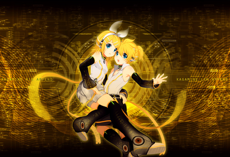 Len and Rin - vocaloid, append, len kagamine, kagamine len, blonde hair, kagamine rin, headphones, twins, rin kagamine