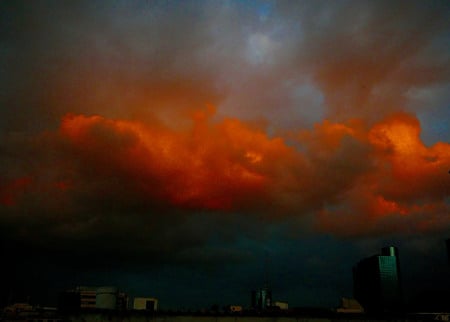 Red Thunder - clouds, colour, beautiful, stormy, dark, angry, red, dusk, sky, building