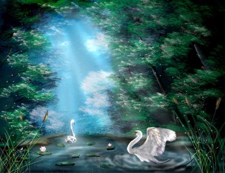 SWAN LAKE - trees, white, blue, swan, green, lake, forest