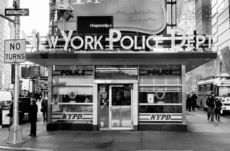 New York Police Dept. - cars, building, street, people