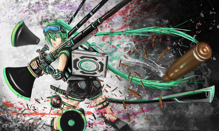 Hatsune Miku - Love is War - pretty, artistic, love is war, capsules, bullets, nice, program, gun, poles, beauty, virtual, drawing, white, gray, green, cute, aqua eyes, song, vocaloid, anime, twintail, weapons, case, hatsune miku, green hair, megaphone, music, aqua, art, idol, briefcase, anime girl, beautiful, singer, girl, cool, black, miku, awesome, diva, painting, aqua hair, hatsune, vocaloids