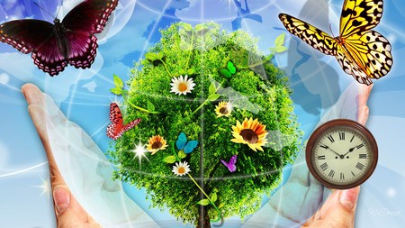 Saving the Green - hands, trees, clock, flowers, firefox persona, butterflies