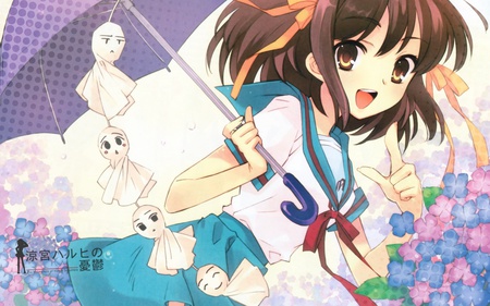 Suzumiya Haruhi - female, brown eyes, teru teru bozu, solo, brown hair, suzumiya haruhi, suzumiya haruhi no yuuutsu, umbrella, series, ribbon, short hair, skirt, hair bow, open mouth, doll, blush, flower, character