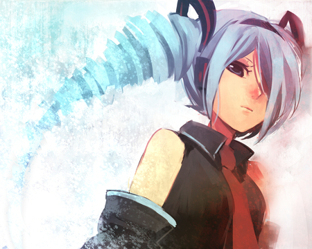 who r u? - tie, misty, anime, bluehair, blueeyes, girl, pigtails, gloves