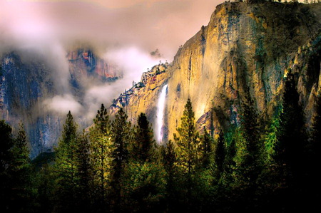 Mountain secrets - cloudy, sunlight, mountain cliffs, trees, waterfall