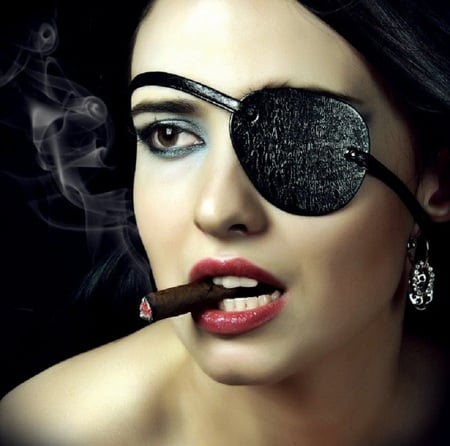 Scarred Beauty - beauty, sexy, people, female, eye-patch, smoking, cigar, model