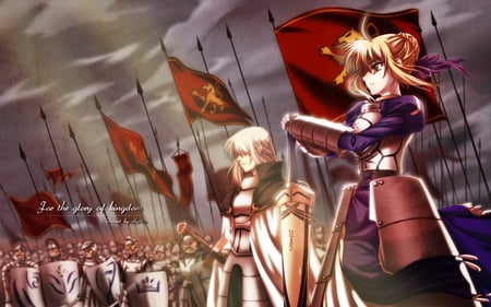 Saber & her Army - saber, swords, fate zero, shields, glory, blonde hair, clouds, soldiers, anime, excalibur, pikes, leader, fate stay night, green eyes, war, armour, army, knights, flags