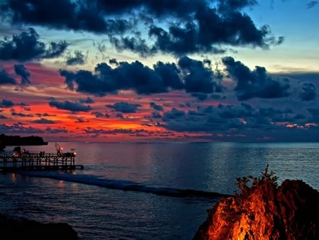 Sunset - blue, amazing, view, sky, clouds, beautiful, sea, beauty, colors, bali, lovely, ocean, pier, nature, sunset, lights, waves, peaceful, rocks