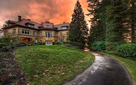 Mansion - beauty, autumn, sky, trees, peaceful, colorful, sunset, path, road, villa, fall, view, clouds, architecture, green, rainy, house, grass, houses, rain, lovely, nature, beautiful, mansion, leaves, colors, lights