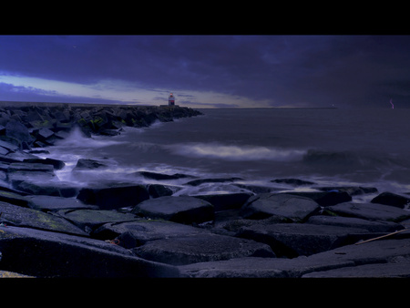 North Sea Channel - lighthouse, channel, dark, twilight, waves, rocks