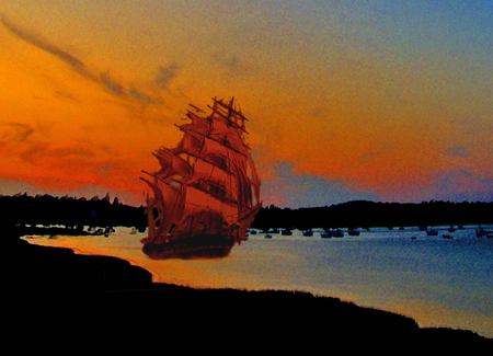 Old Sailing Ship - sailing, water, orange, sails, bay, decay