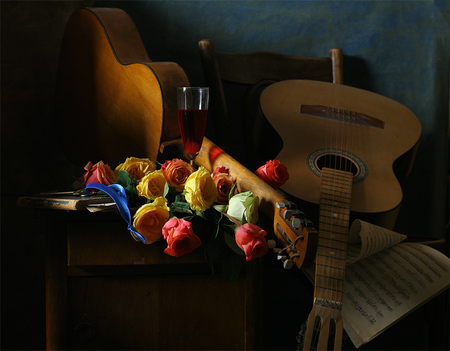 still life - key, elegantly, roses, book, photo, flowers, music, guitar, wine, old, musical notes, nice, beautiful, photography, cool, still life, flower, bouquet, drink, harmony, rose, glass