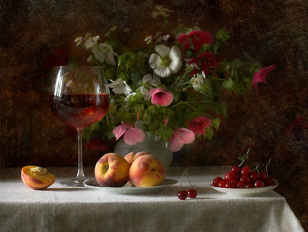 still life - elegantly, cherry, photo, flowers, wine, old, fruit, nice, vase, beautiful, photography, cool, still life, flower, bouquet, peach, drink, harmony, glass