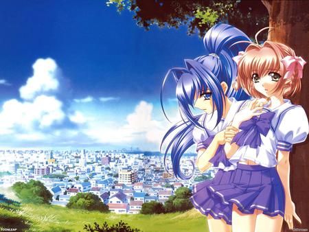 Schoolgirls - girls, sky, houses, sexy, trees, school, schoolgirls, picture, art, mini, wall, anime, uniforms, skirts