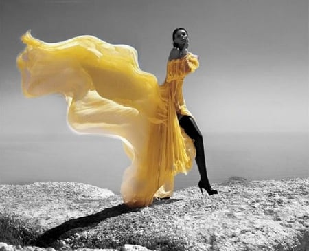 Yellow Flair - yellow, female, people, beautiful, rocks, model