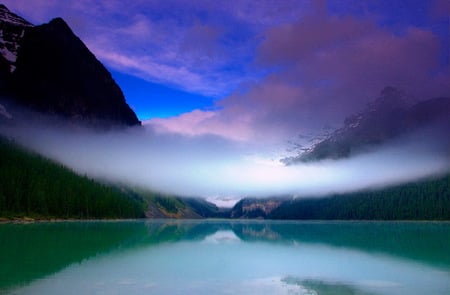 Mist on the lake - colored clouds, lake louise, mists, blue, mountains