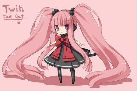 queen of twintails (cat) - girl, twintails, eyes, black, bubblehairbands, pinkhair, purple, pinkbacking, ribbon, little, dress