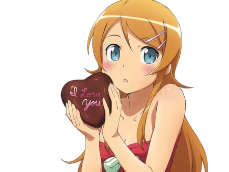 little love (chocolate heart) - anime, heart, green bow, clips, girl, chocolate, blonde, blush, blank backing, shy, blue eyes