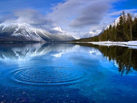 Ripples - clouds, trees, shore, mist, lake, mountains, ripples