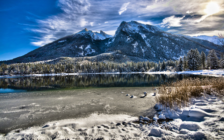 Perfect Winter Landscape - lake, forests, water, winter, mountains, nature, calm, reflection, blue, beautiful, clouds, skies