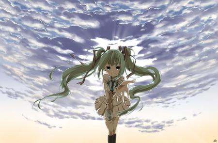 Come with me - horizon, aqua, sun, thighhighs, music, anime girl, white, cool, aqua eyes, hatsune miku, light, song, vocaloids, program, glow, vocaloid, beautiful, diva, dress, beauty, nice, sky, twintail, singer, blue sky, aqua hair, black, virtual, pretty, idol, white clouds, clouds, hand, anime, green, miku, cute, sunlight, girl, heaven, hatsune, blue, tie, awesome, green hair