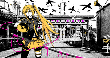 Akita Neru - Love is War - headset, thighhighs, music, anime girl, yellow hair, white, blonde hair, yellow, cool, katana, bombers, skirt, song, megaphone, akita, neru, buildings, vocaloids, program, vocaloid, pink, beautiful, love is war, uniform, diva, beauty, nice, airplanes, singer, black, planes, virtual, pretty, idol, anime, sword, cute, akita neru, tail, yellow eyes, girl, microphone, headphones, tie, city, awesome, blonde