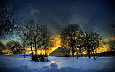 Winter Sunset - snow, view, houses, sky, clouds, house, trees, winter, beautiful, beauty, colors, lovely, architecture, colorful, nature, sunset, peaceful