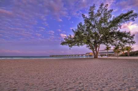 Sunrise - beach, sunrise, sand, view, houses, sky, clouds, house, beautiful, sea, beauty, colors, lovely, architecture, ocean, tree, pier, florida, colorful, nature, waves, peaceful