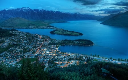 Queenstown,New Zealand - town, blue, landscape, sunrise, night, new zealand, leaves, view, lake, houses, sky, clouds, house, skyscape, trees, water, beautiful, queenstown, city, beauty, colors, lovely, architecture, buildings, nature, lights, green, mountains, peaceful