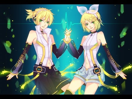 Len and Rin - vocaloid, append, len kagamine, kagamine len, blonde hair, kagamine rin, headphones, twins, rin kagamine