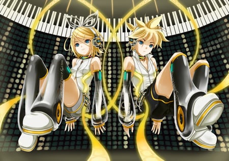 Len and Rin - anime, vocaloid, len kagamine, kagamine len, blonde hair, kagamine rin, headphones, twins, rin kagamine