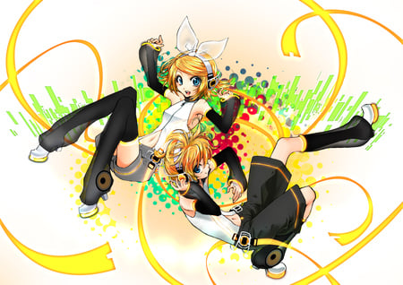 Len and Rin - anime, vocaloid, len kagamine, kagamine len, blonde hair, kagamine rin, headphones, twins, rin kagamine