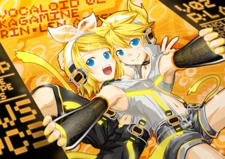 Len and Rin - anime, vocaloid, len kagamine, kagamine len, blonde hair, kagamine rin, headphones, twins, rin kagamine