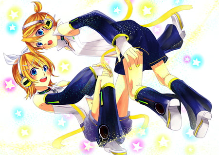 Len and Rin - kagamine rin, rin kagamine, blonde hair, twins, vocaloid, headphones, anime, len kagamine, kagamine len