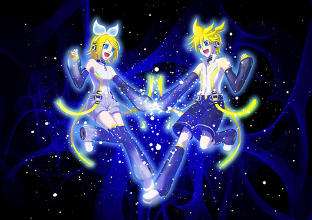 Len and Rin - anime, vocaloid, len kagamine, kagamine len, blonde hair, kagamine rin, headphones, twins, rin kagamine